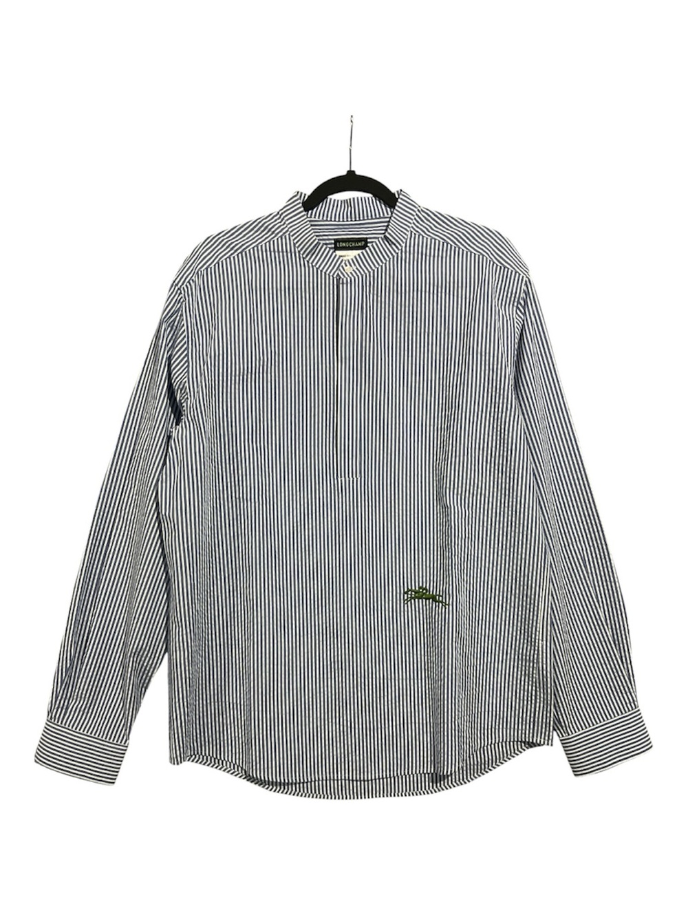 Longchamp Shirt Men’s Large Blue White Vertical Striped Band-Collar Long Sleeve - Picture 1 of 15